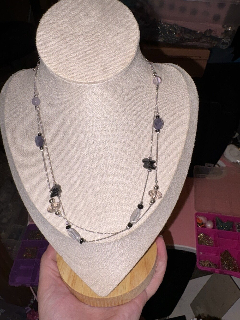 Long Double-Strand Silver-Tone Necklace with Genuine Stone Chips